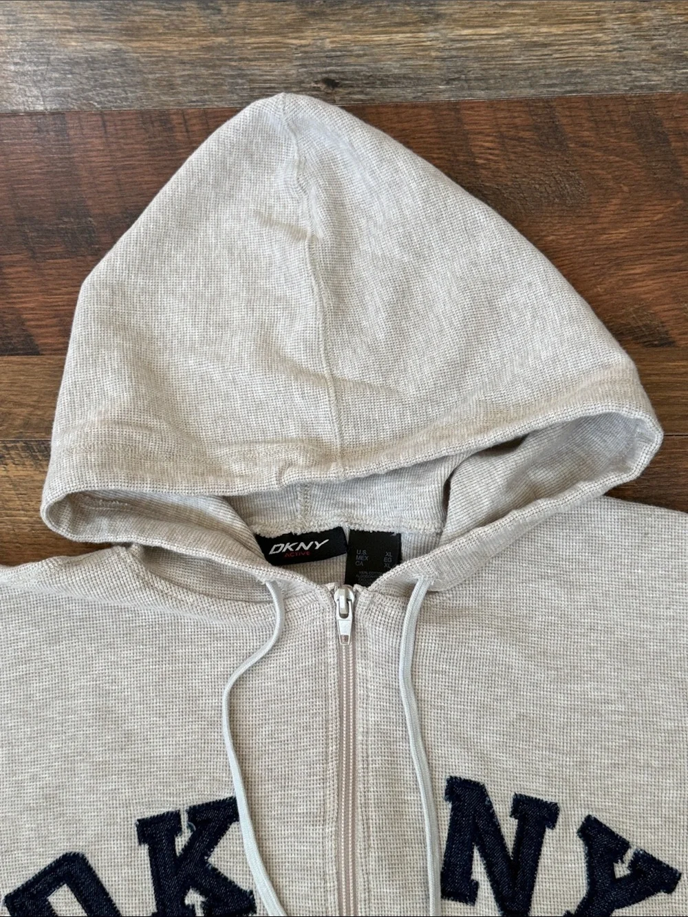 DKNY Active Oatmeal Short Sleeve Zip Hoodie XL Y2K Varsity Logo